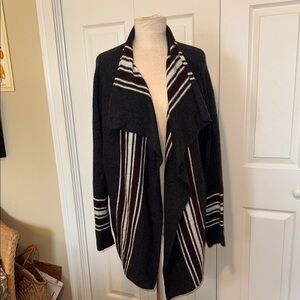 Eddie Bauer Black Open-Front Cardigan with White and Burgundy Stripes